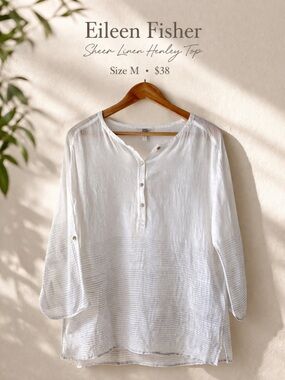 Eileen Fisher White Sheer Linen Henley Top Size M